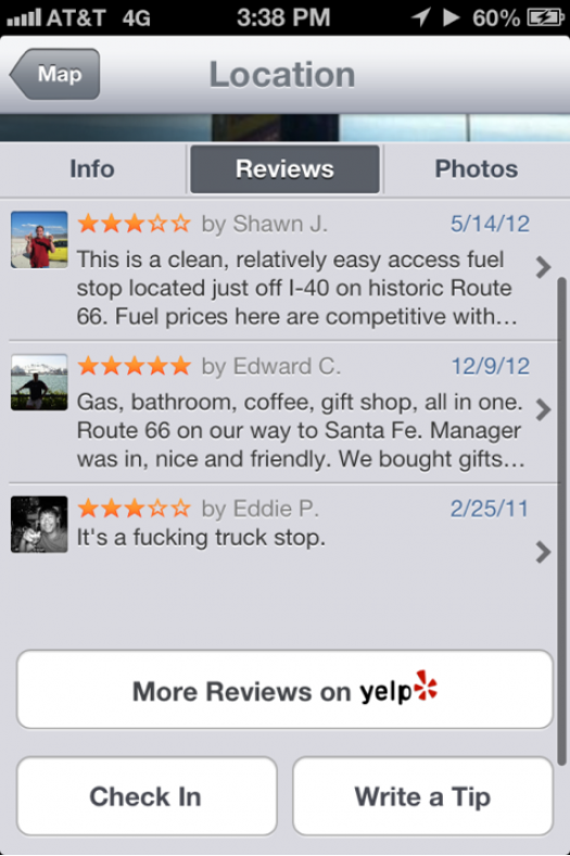 I prefer Yelp reviews that are to the point.