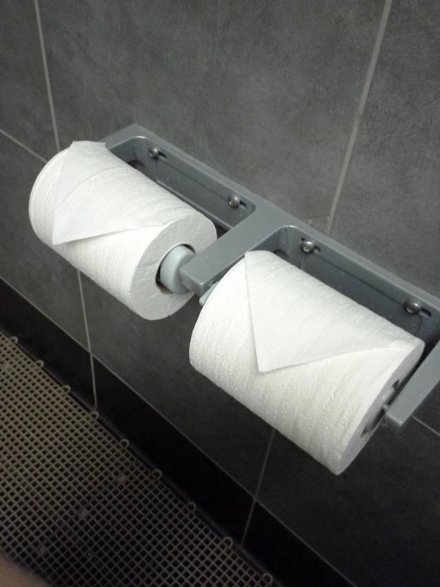 The rolls are neatly folded like this every morning when I come into work. Thank you, hardworking stranger. Now if you'll excuse me, I'm going to rip it off and smear sh*t on it.