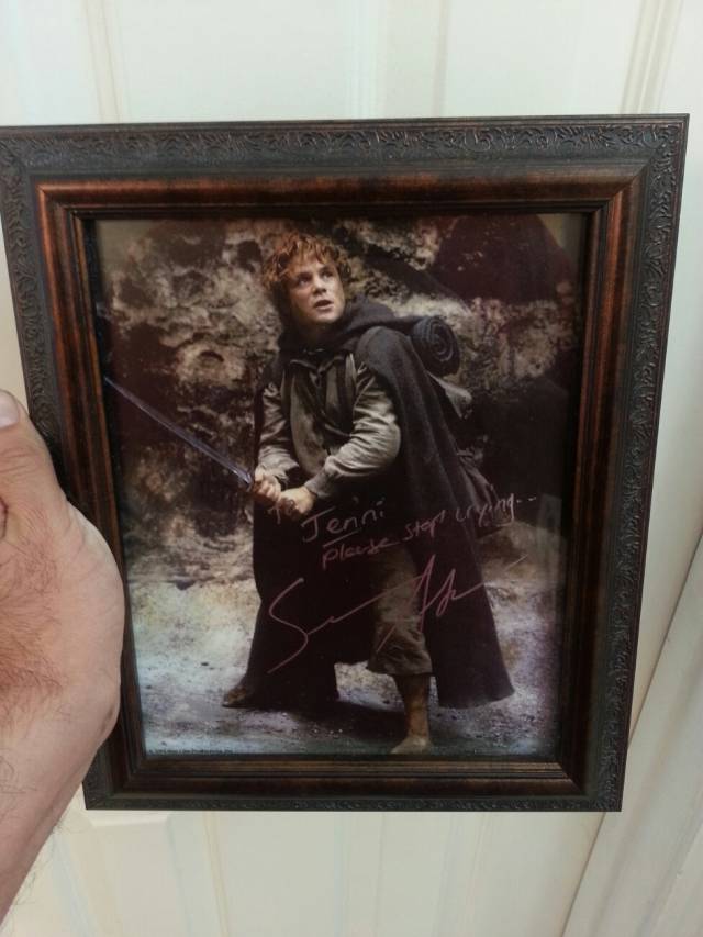 Met Sean Astin at a comic-con. I told him my wife cries at the end of 'Fellowship of the Ring,' when Sam chases after Frodo's boat, EVERY time. this was the autograph I got.