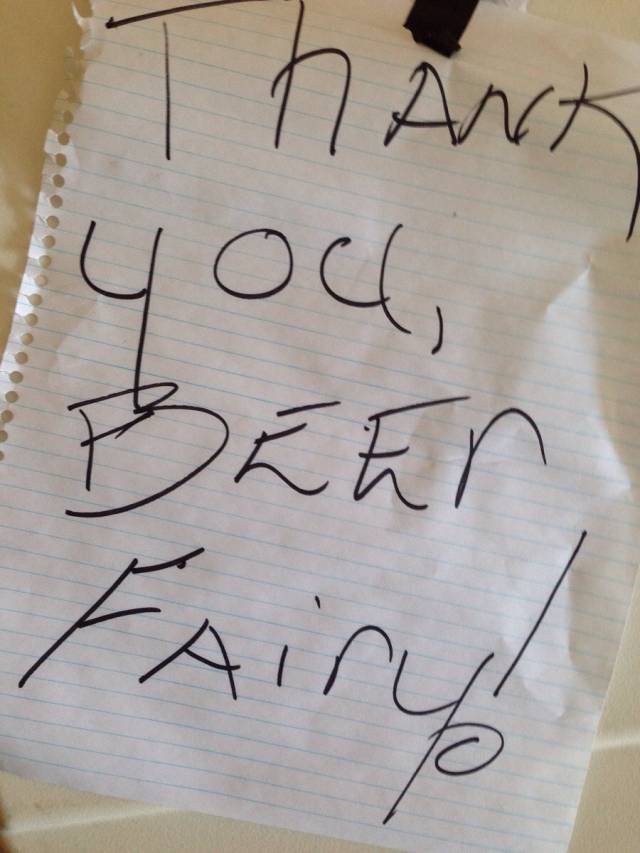 My brother had a few extra beers after a party, so he dropped them off on his neighbor's front porch. He found this note on the door the next day.