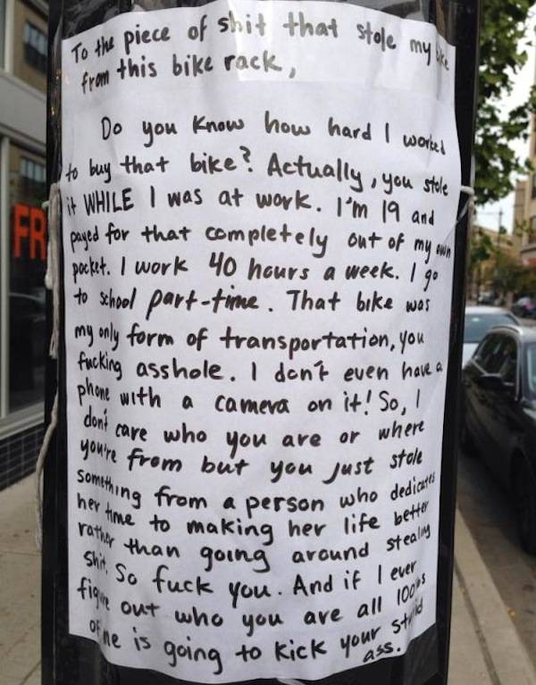 College student posts angry letter to the thief who stole her bike