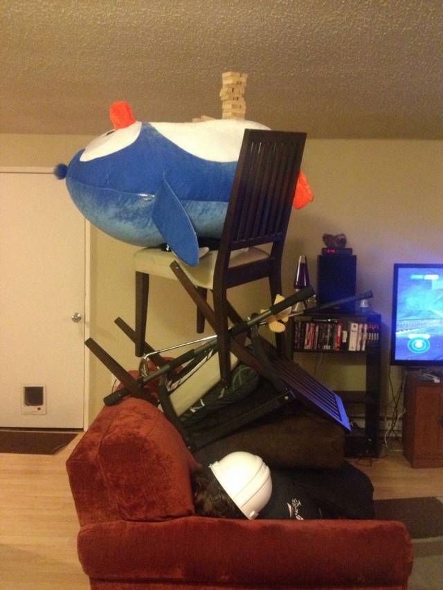 Our friend passed out so we stacked stuff on him.