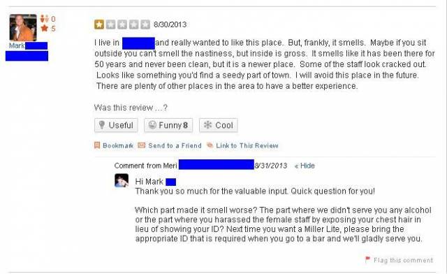 Guy posts a scathing review of a restaurant on Yelp. A waitress from the restaurant proceeds to call him out.