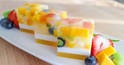 A Light Dessert Recipe "Jello Cubes With Tropical Fruit"