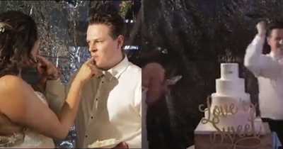 Groom Pranks Bride By Smashing Wedding Cake In Her Face