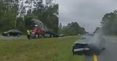 Speeding Car Flies Through The Air After Launching Off Tow Truck Ramp On Highway In Wild Video