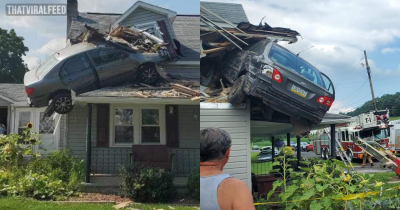 Incredible Moment Car Launches Into The Air And Crashes Into A House During Wild Accident