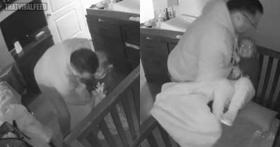 People Lose It As Grandpa Topples Over Into Crib When He Puts Baby To Bed.